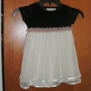 Elegant Party Dress Green Velvet Top Layered Ivory Skirt & Pink Lace Roses 18M